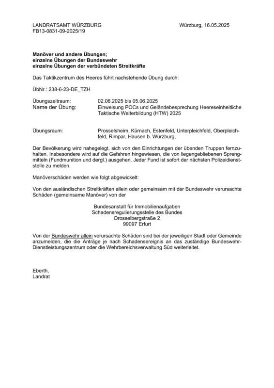 Manöver und andere Übungen 02.06.2025 bis 05.06.2025